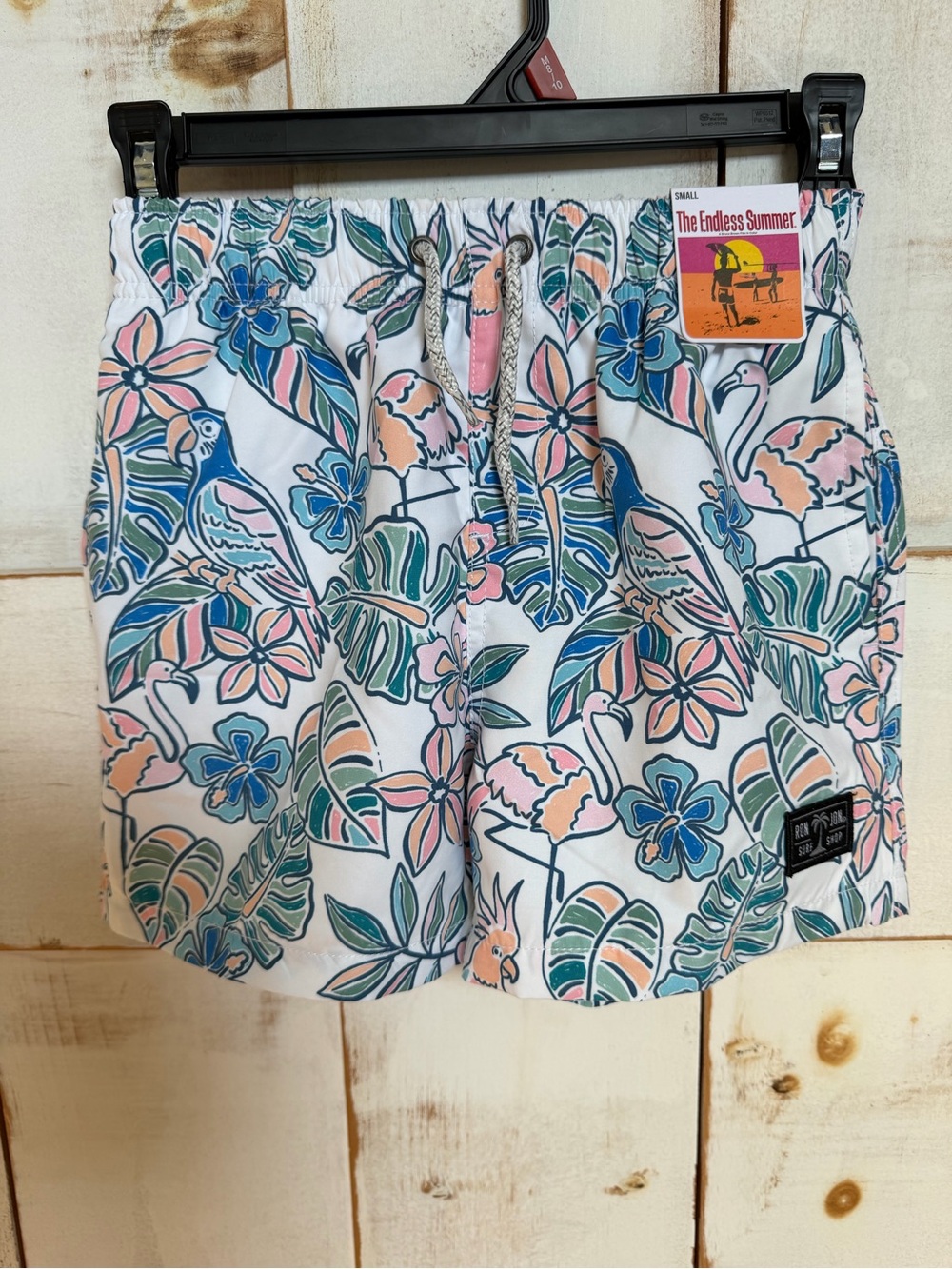 Ron Jon Kids White Tropical Bird Swim Trunks with Blue & Pink Accents